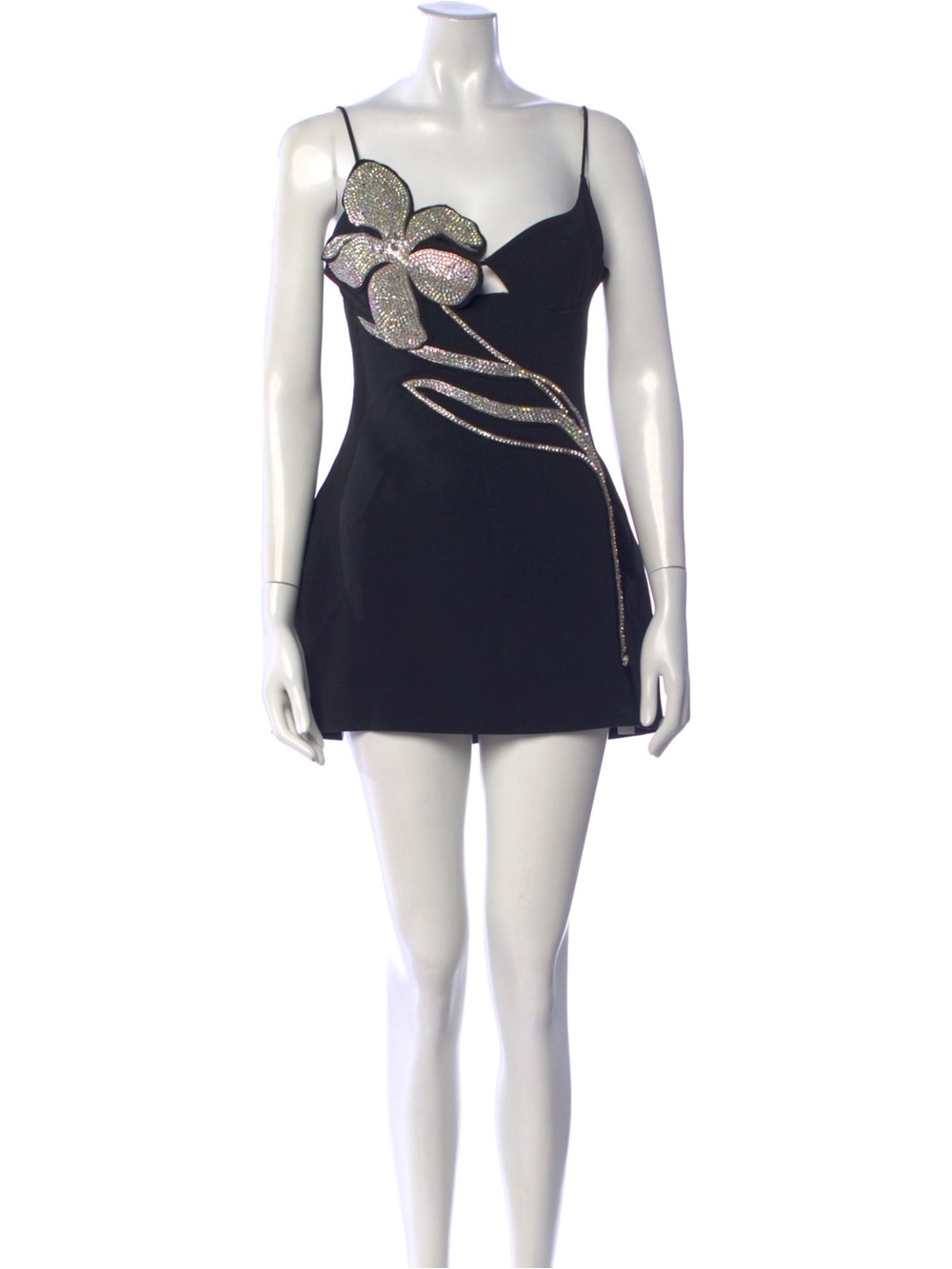 Black Mini Dress with Crystal Floral Appliqué